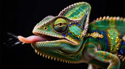 Fototapeta premium a close up of a chameleon with its tongue out, set against a black background