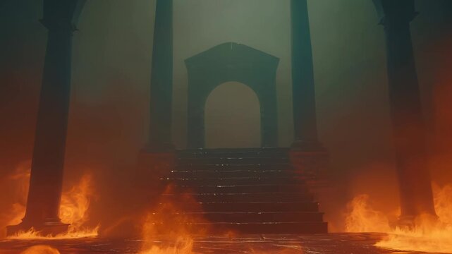 Fiery staircase to a demonic gate in hell with columns and steps burning in eternal damnation, ethereal fire animation