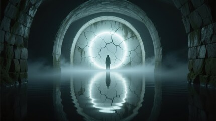 Obraz premium a man standing in the middle of a dark tunnel, illuminated by a light at the end The walls of the tunnel are visible on either side of the man, and the water at th