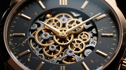 Obraz premium a close up of a watch with a black dial and gold hands, featuring intricate gears in the center The watch is set against a dark background, giving it a luxurious a