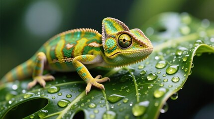 Fototapeta premium a chameleon sitting on top of a green leaf with water droplets glistening on its surface The background is slightly blurred, giving the image a dreamy feel