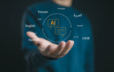 AI language translation concept with multiple international languages floating above a person hand. Symbol of artificial intelligence, global communication, and multilingual technology for business