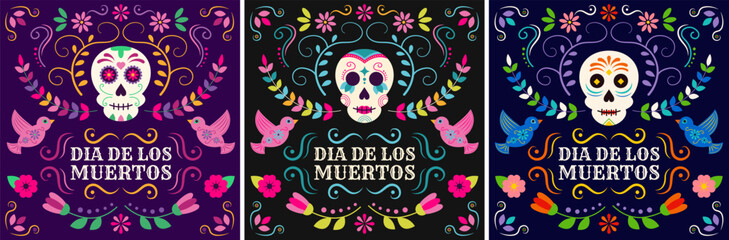 Set of square vector Day of the Dead banners featuring sugar skulls and patterns. Design for greeting cards, social media, and print.
