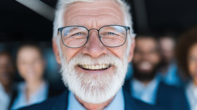Smiling senior man in professional setting with diverse group behind him - Powered by Adobe
