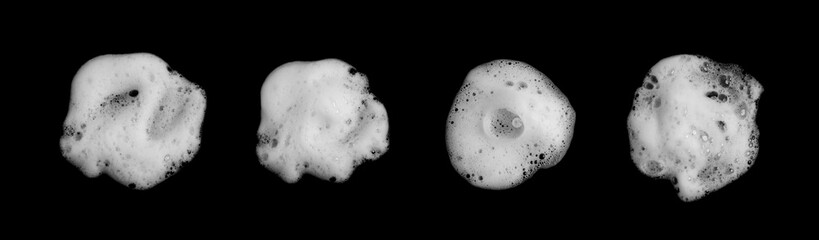 Close-up sequence of white soap foam bubbles isolated on black background. Abstract macro photography concept symbolizing cleanliness, hygiene, freshness, and modern minimal design inspiration.