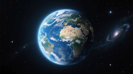 Fototapeta premium the earth in space with a spiral galaxy in the background, surrounded by stars in a dark space The image is animated, giving the impression of movement and life