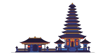 Stylized Vector Illustration of Balinese Temple Architecture with Pagoda.
