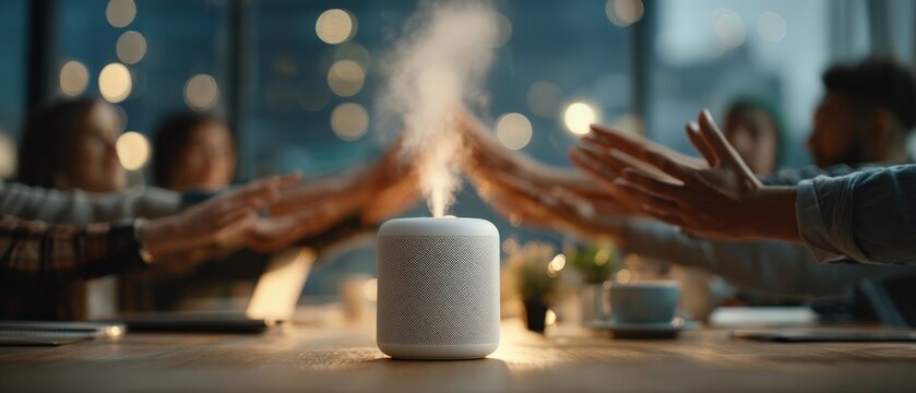 Group of diverse individuals gathered around a table, engaging with a modern smart speaker, creating a collaborative atmosphere with warm lighting and a sense of connection