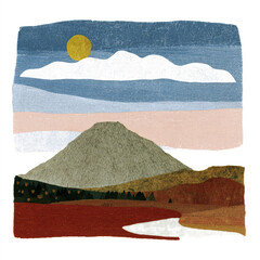 Stone Hill - A rising landform under evening sky and moon in white background -# Create