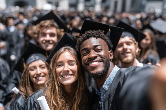 Group of diverse graduates celebrating their achievement in caps and gowns, smiling joyfully while holding diplomas, capturing the essence of academic success and camaraderie
