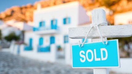 Sold sign outside a charming white house with blue accents in a coastal village