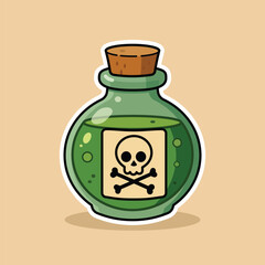 Illustration of a cute green poison bottle on a brown background, suitable for stickers.