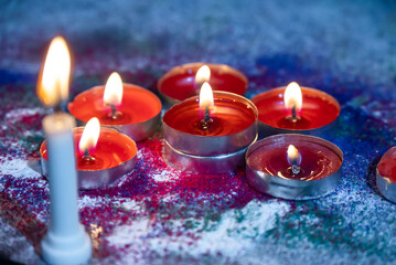 close up of a burning diya candle, Diwali lamps and candles lit on the occasion of Diwali festival