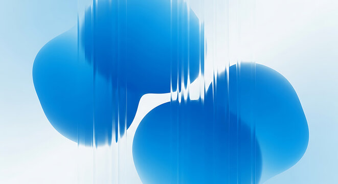 Abstract blue amorphous shapes with vertical glitch effect against a soft white background