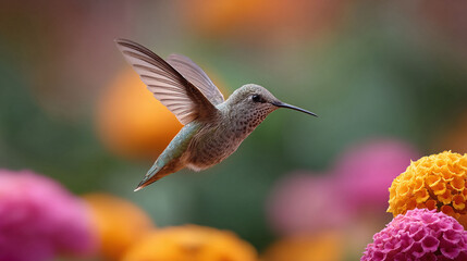Fototapeta premium Graceful hummingbird in midflight, wings spread, set against vibrant flowers. Symbolizes resilience, beauty, and the joy of nature. Ideal for nature, wildlife, and inspirational themes.