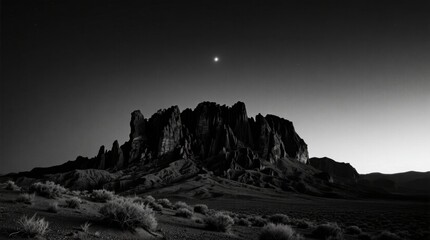 Monochrome night scene capturing the rugged beauty of a desert landscape with a prominent rock formation under a starry sky