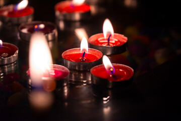 close up of a burning diya candle, Diwali lamps and candles lit on the occasion of Diwali festival