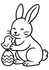 Cute Easter bunny holding an decorated egg with a little bird. Black and white vector for engraving, print and creative projects