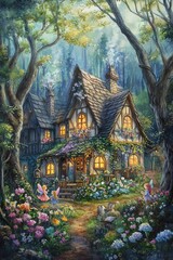 Discover a charming fairy cottage nestled in a vibrant forest, surrounded by blooming flowers and enchanting fairies. A whimsical escape into nature's beauty.