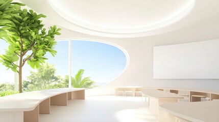 Modern Classroom with Desks and Chairs Modern classroom with desks arranged in a circular pattern, promoting discussion and interaction, ideal for an educational or teamwork theme