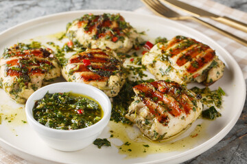 Grilled chimichurri chicken thighs with garlic, herbs and vegetable oil close-up in a plate on the table. Horizontal