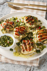 Chimichurri chicken grilled to juicy perfection, and coated in a generous amount of fresh chimichurri sauce closeup on the plate on the table. Vertical