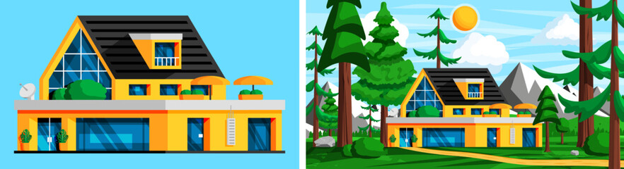 Modern cottage house with nature landscape. Suburban home property exterior design or vacation rental concept. Flat style vector.