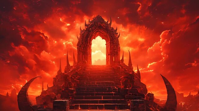 Stone steps leading to a demonic monster decorated archway in a fiery hellish landscape. Gate to hell concept, fantasy artistic illustration footage.