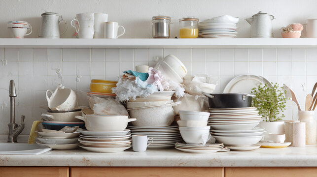 Overwhelmed A messy kitchen counter piled high with dirty dishes. Relatable, chaotic, and honest. Use for articles on stress, procrastination, or home life.