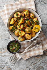 Baked new potatoes served with freshly made chimichurri sauce close-up in a bowl on the table. Vertical top view from above