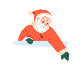 Santa Claus peeking out from behind wall, showing, advertising with finger, hand gesture. Happy Christmas and New Year character, pointing down. Flat vector illustration isolated on white background