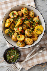 crispy roasted baby potatoes smothered in a zesty chimichurri sauce made with fresh parsley, garlic, and oregano closeup on the plate on the table. Vertical top view from above