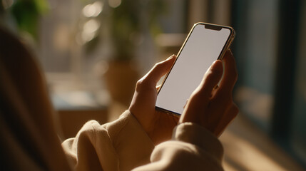 スマートフォンを持つ女性の手元のクローズアップ、スマホ画面は白紙（モックアップ・コピースペース）