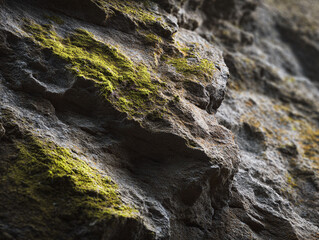 Fototapeta premium Closeup of a rough rock surface with patches of vibrant green moss, illustrating natures resilience. Great for backgrounds, textures, or environmental concepts.