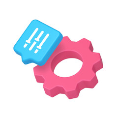 Gear symbol with settings bubble for configuration, control, customization, technology, interface, mechanics, management, app UI, maintenance, engineering. 3d icon realistic vector illustration