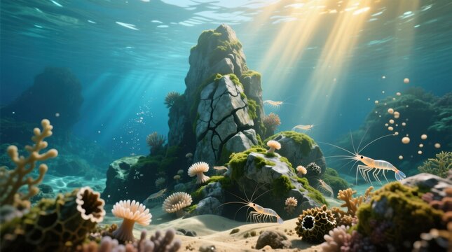   an animated underwater scene with a variety of sea animals, rocks, and corals The vibrant colors of the coral and fish are illuminated by the sun's rays, creating a beautiful and serene atmosphere