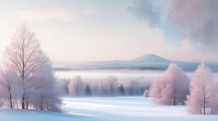 Wintry landscape scene of a misty forest river at morning with snow, ice, and frost on the trees