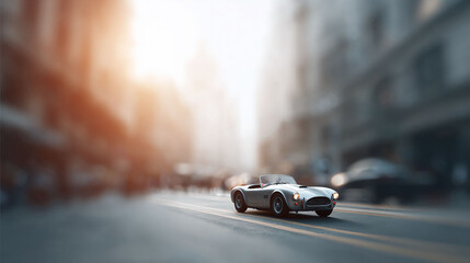 Fototapeta premium Sleek silver sports car cruising down a city street. Perfect for illustrating speed, freedom, luxury, automotive excellence, or a journey into the future.