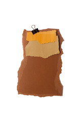 Torn piece of brown piece of paper with beige tape and black binder isolated on white background