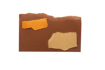 Torn piece of brown piece of paper with beige and orange papers isolated on white background