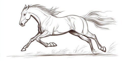 A horse is running in the grass. The horse is white and has a black mane