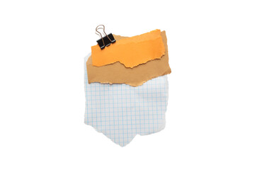 Torn piece of brown and yellow piece of paper with beige tape and black binder isolated on white background