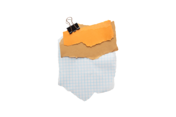 Torn piece of brown and yellow piece of paper with beige tape and black binder isolated on white background