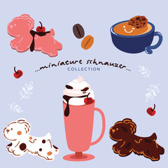 Miniature schnauzers paired with coffee, chocolate, and cherries — a cozy, sweet café-inspired collection.