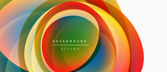Obraz premium Abstract colorful layers create dynamic circular design. Vibrant hues blend, forming modern background element. Text reads background design.