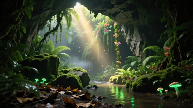  a lush green forest with a stream running through it The stream is surrounded by trees, plants, flowers, and rocks, and there is a cave in the background The imag