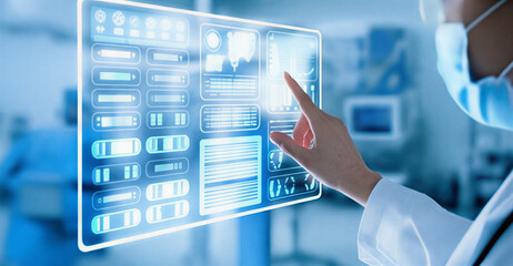 Doctor's Hand Interacting with Futuristic Medical Interface in Hospital