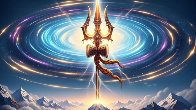 Lord Shiva's Divine Trishula Radiating Cosmic Energy Above a Majestic Mountain Range