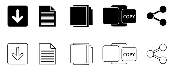Vector collection of black and white icons representing download copy document share