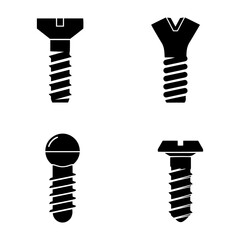 Vector illustration showing four different types of screws in black and white color